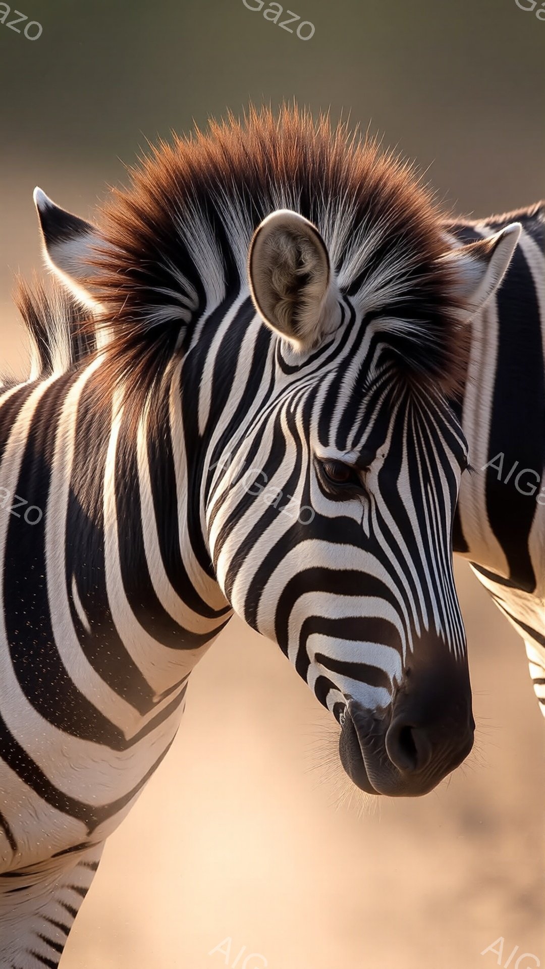 この画像は、シマウマの顔のクローズアップです。黒と白の縞模様が特徴的で、鋭い目つきと引き締まった口元から力強さが感じられます。背景は淡いオレンジ色で、夕暮れ時の穏やかさと、野生動物の神秘的な雰囲気を醸し出しています。