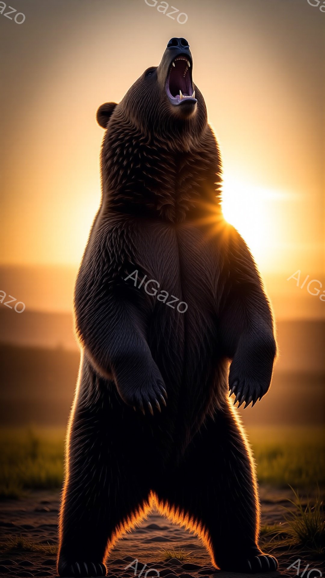 巨大な茶色のクマが直立しており、口を大きく開けて咆哮している。背景には黄金色の夕日が沈み、草原を照らし出している。クマのシルエットは夕日によって強調され、力強くも神秘的な雰囲気を醸し出している。