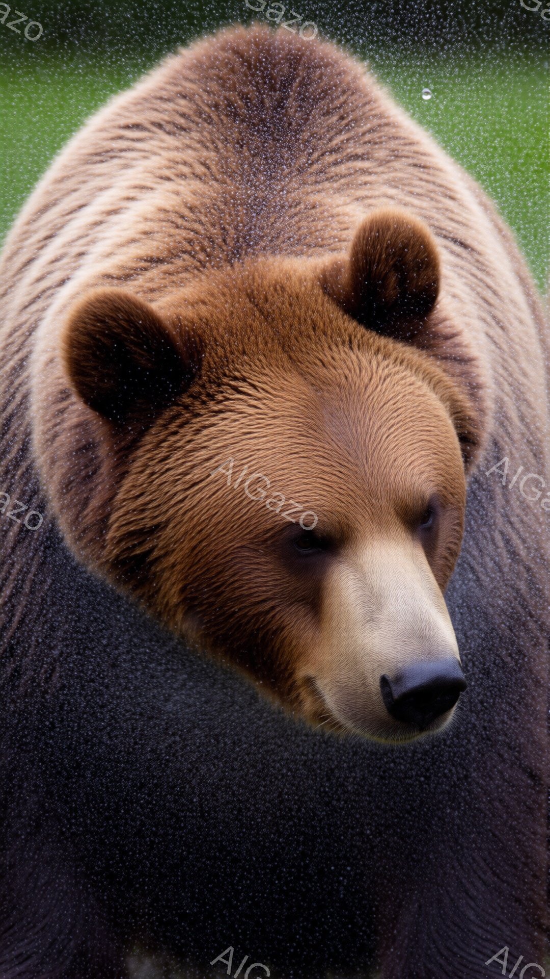 茶色い毛並みの巨大なヒグマが、雨粒に濡れながら正面を見据えています。その表情は穏やかでありながらも、力強さを感じさせます。背景はぼやけた緑色で、雨が降っていることが分かります。