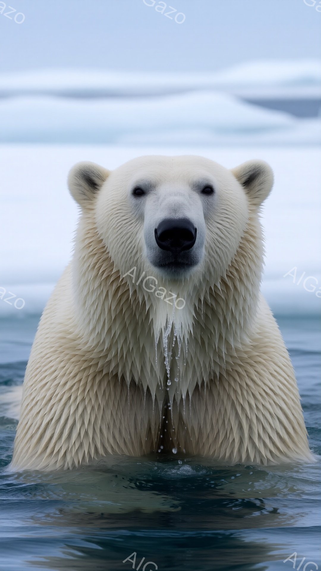 白い毛並みが水滴で濡れたホッキョクグマが、青い海に顔だけを出してこちらを見つめている。その表情は穏やかで、どこか力強く、冷たい海と白い毛皮のコントラストが美しい。背景は淡い水面が広がり、雪が舞っているかのようなぼやけた光が、神秘的な雰囲気を醸し出している。
