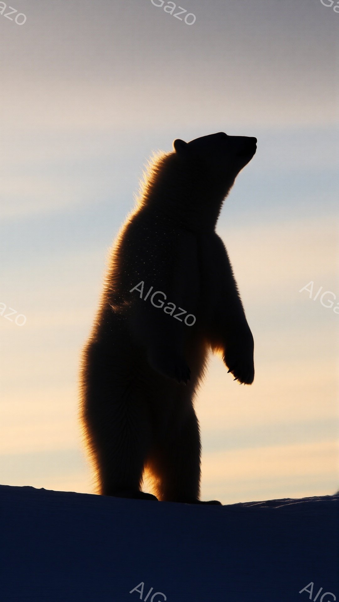 白く輝く雪原の上に、シルエットでホッキョクグマが立っている。夕焼けのようなオレンジと薄い青色の空が背景に広がり、クマの毛並みが光に照らされてわずかに見える。凍てつくような冬の静寂と、壮大な自然の雰囲気が漂う。