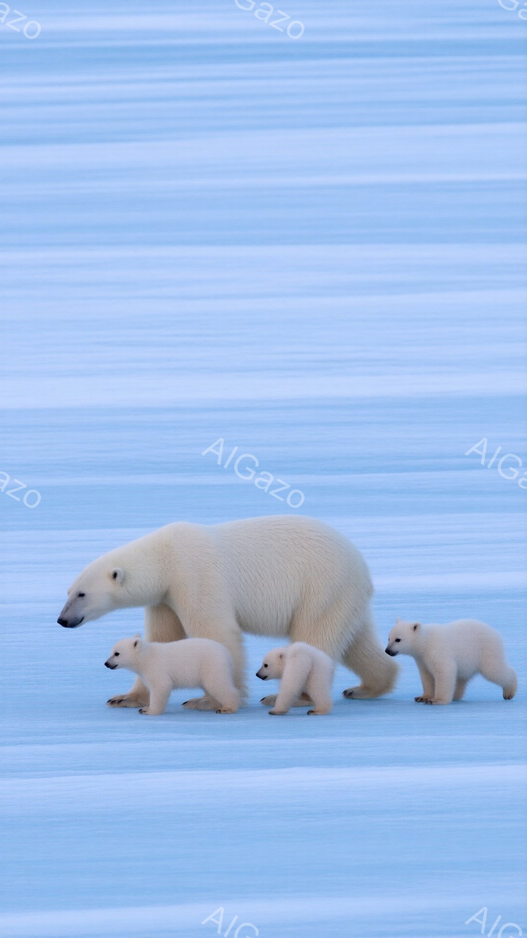 画像には、雪原を歩くホッキョクグマの母と子3匹が写っている。母グマは大きく堂々としており、子グマたちは小さくて愛らしい姿で母の後に続いて歩いている。背景は白く広がり、全体的に穏やかで静寂な雰囲気が漂っ - AI生成フリー素材