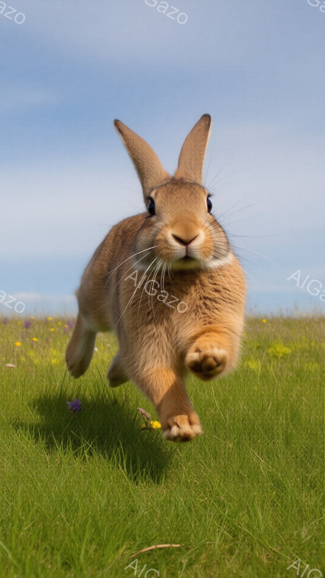 広大な緑の草原を、茶色のウサギがこちらに向かって走り寄ってくる姿が捉えられています。ウサギは前足を伸ばし、耳をピンと立てて、活発で好奇心旺盛な表情を見せています。背景には、色とりどりの小さな花々が咲き乱れ、晴れた空が広がっており、明るく元気な雰囲気が漂っています。