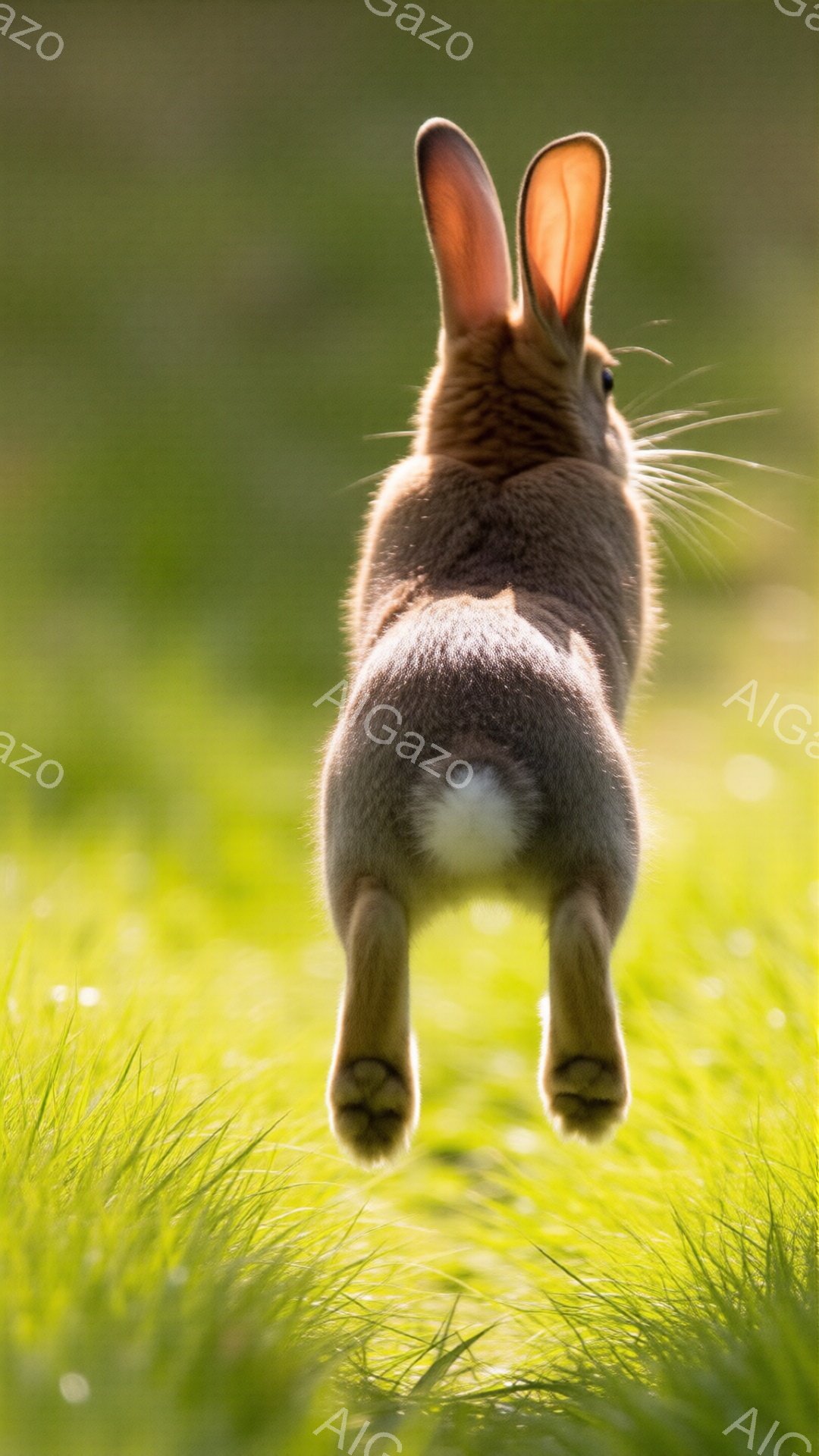 緑豊かな草原を、茶色のウサギが後ろ向きに高くジャンプしている様子が捉えられています。ウサギは耳を立て、毛並みは滑らかで、躍動感に満ちた姿は、自然の中で自由に生きる喜びを感じさせます。背景は鮮やかな緑色 - AI生成フリー素材