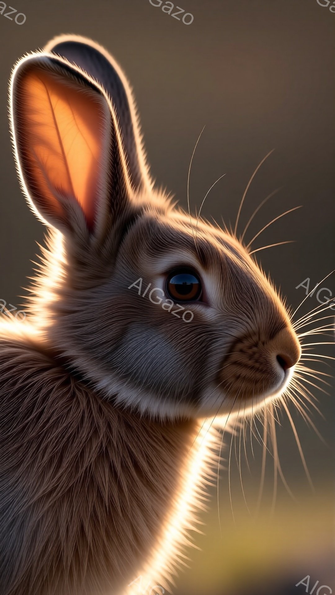 鮮やかな色彩のウサギが、まるでスポットライトを浴びているかのように、暖かく柔らかな光に照らされている。ウサギの毛並みは細かく表現されており、光の反射がその質感を強調している。背景はぼやけており、ウサギが際立つように工夫されているが、全体的に落ち着いたアースカラーで、温かく穏やかな雰囲気を醸し出している。