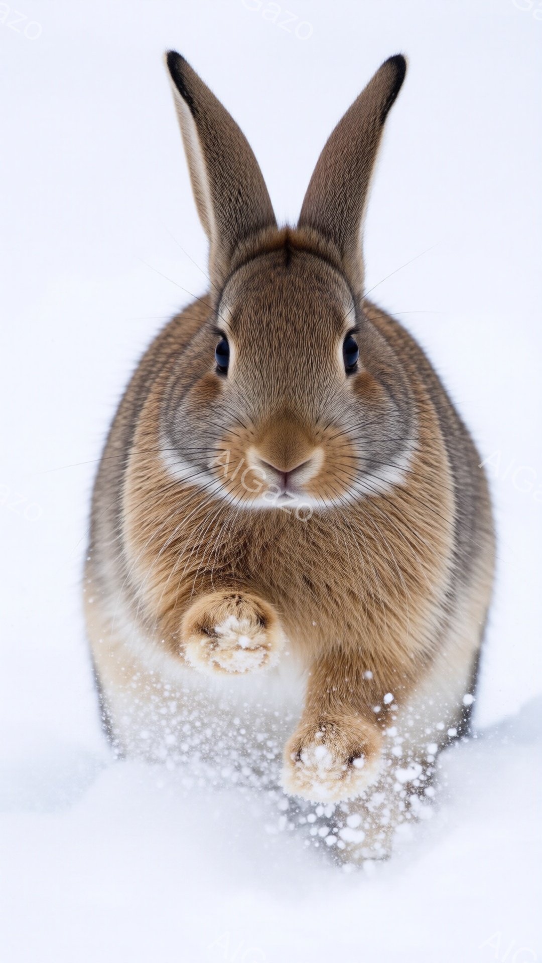 茶色のウサギが雪の上を走っている姿が捉えられています。ウサギは正面を向き、雪を巻き上げながら力強く前進し、その表情はどこか凛々しいです。背景は一面の雪景色で、冬の寒さとウサギの活発さが対照的な、躍動感あふれる一枚です。