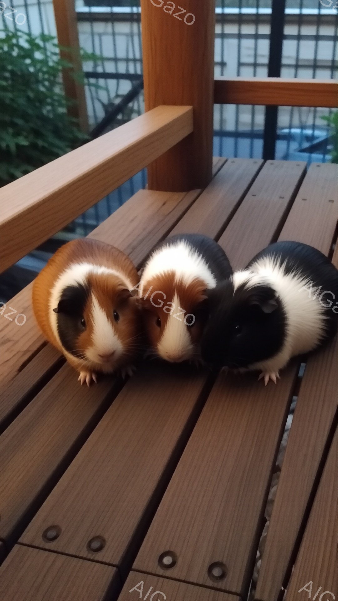 ３匹のモルモットが木のデッキに並んで座っています。一番左は茶色のモルモット、真ん中は白と茶色のまだら模様、一番右は黒と白のモルモットで、それぞれ少し異なる毛色をしています。背景には木の柵とぼやけた建物が見え、全体的に温かく穏やかな雰囲気です。