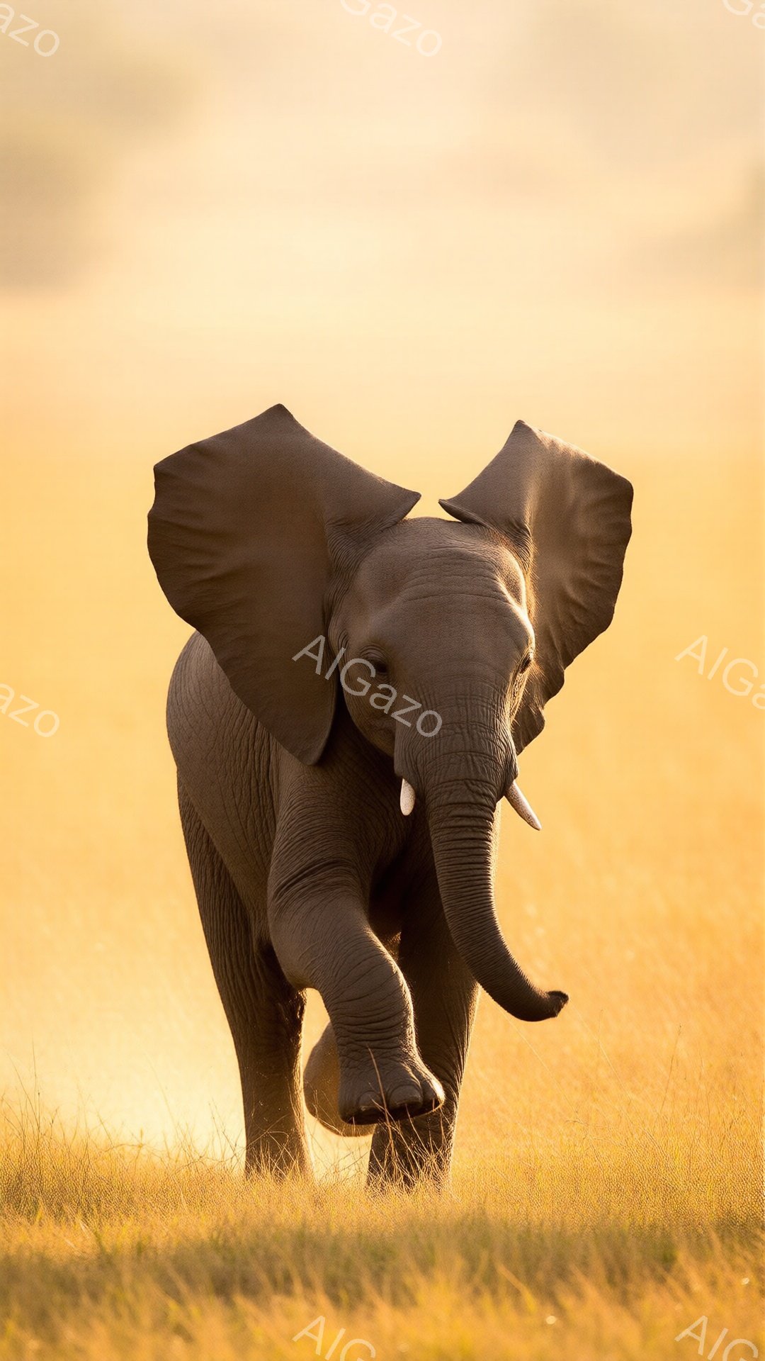 幼いゾウが、夕焼けのような黄金色の草原をまっすぐこちらに向かって歩いてくる姿が捉えられています。その大きな耳は大きく広げられ、力強く大地を踏みしめる足元からは躍動感が伝わってきます。背景は柔らかい光に包まれた草原で、暖かく希望に満ちた雰囲気を醸し出しています。