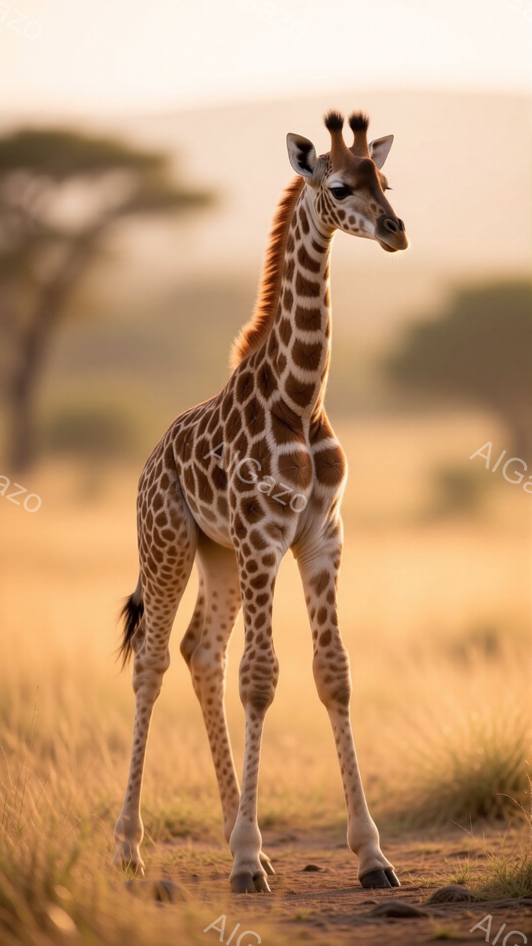 若いキリンが、黄金色の草原の中に立っている。その体には特徴的な茶色の斑点が広がり、長く細い脚は少し不安定に見える。背景にはぼんやりとした木々が見え、夕暮れ時の柔らかな光が全体を暖かく包み込んでいる。