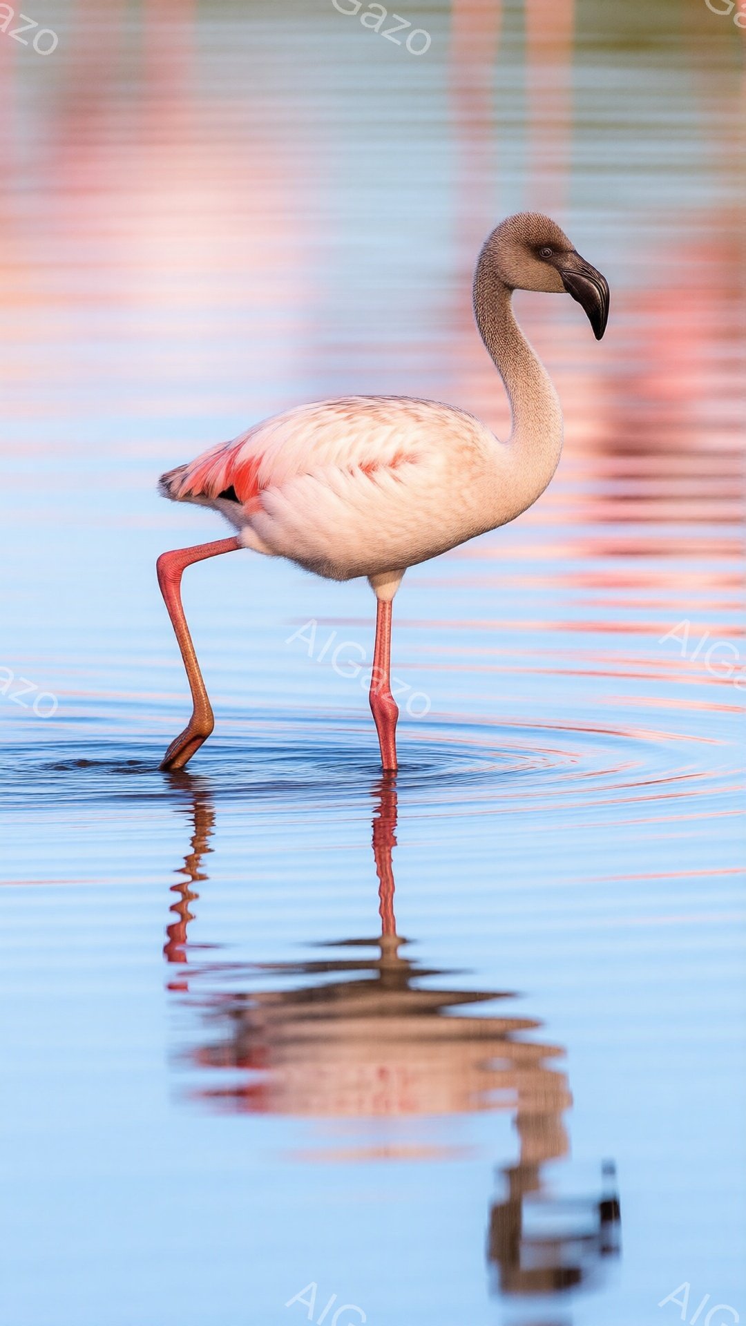一羽のピンク色のフラミンゴが水面に立っている様子が捉えられています。その姿は優雅で、片足でバランスを取りながら、水面に自身の姿を映し出しています。背景は穏やかな水面で、淡いピンク色の反射が水面に広がり - AI生成フリー素材