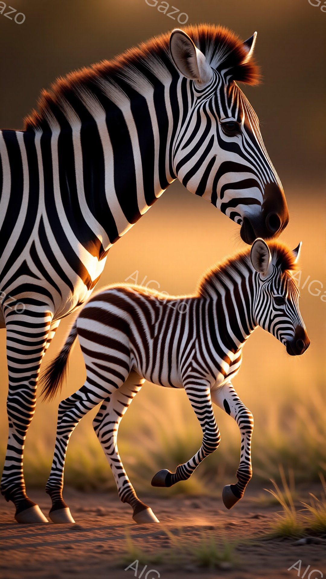広大なサバンナを背景に、母ゼブラと子ゼブラが寄り添っている様子が捉えられています。母ゼブラは子ゼブラの背中に顔を寄せ、愛情深く見守り、子ゼブラは少しぎこちなくも力強く歩を進めています。夕焼けのような暖かい光がサバンナを照らし、穏やかで優しい雰囲気を醸し出しています。