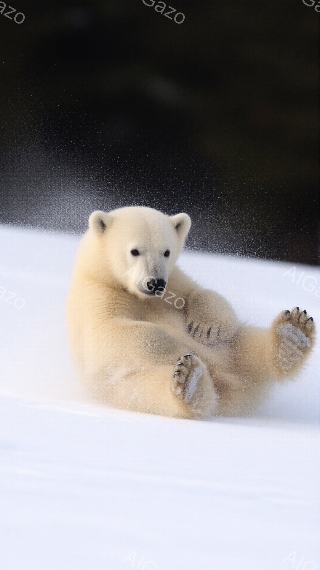 白い背景の雪原に、子グマが仰向けになって転がっている様子が捉えられています。前足は大きく広げられ、リラックスした表情で楽しそうに転がり、雪が舞い上がっています。全体的に暖かく、遊び心のある、冬の自然を表現した雰囲気です。