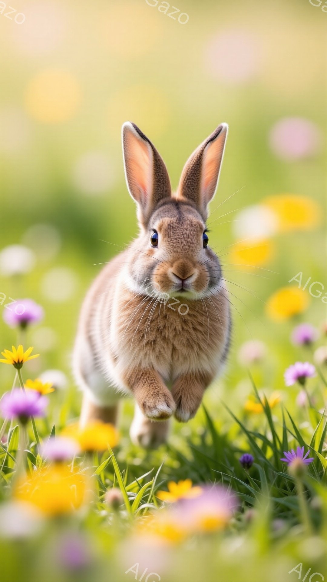 茶色いウサギが花畑の中を正面に向かって走っています。ウサギは好奇心旺盛そうな表情で、耳をピンと立てています。背景は緑の草と黄色や紫色の小さな花で埋め尽くされ、明るく穏やかな雰囲気を醸し出しています。