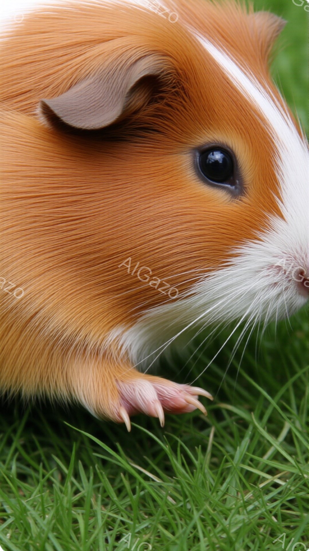 オレンジと白の毛並みのモルモットが、緑の草の上に座ってこちらを見ている。その表情は穏やかで、つぶらな瞳が印象的だ。背景は鮮やかな緑色の草で、モルモットの毛色とコントラストをなしている。 - AI生成フリー素材