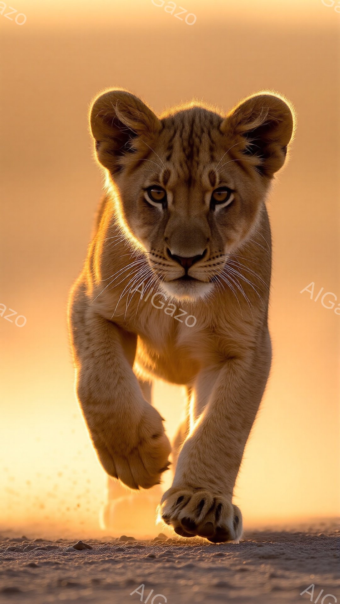 広大な砂漠地帯を、子ライオンがカメラに向かって猛スピードで駆け寄ってくる姿が捉えられています。夕焼けのオレンジ色の光が砂埃を照らし、子ライオンの毛並みを金色に輝かせています。力強く地面を蹴り上げる前足と、集中した眼差しが、野生の力強さと幼さの愛らしさを同時に表現しています。