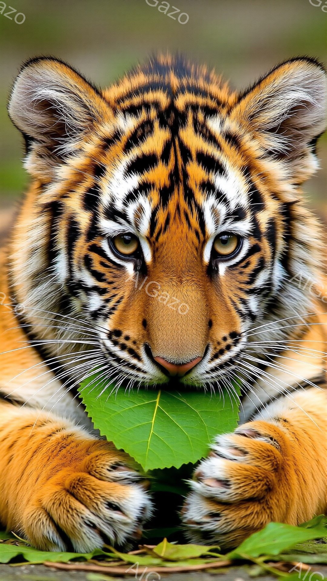 鮮やかなオレンジと黒の縞模様を持つ若いトラが、緑の大きな葉の上で前足を組んで横たわっています。鋭い視線でカメラを見つめ、力強い存在感を放っています。背景は緑豊かな自然で、葉っぱの緑とトラのオレンジ色が鮮やかに映し出され、生命力あふれる雰囲気が漂っています。