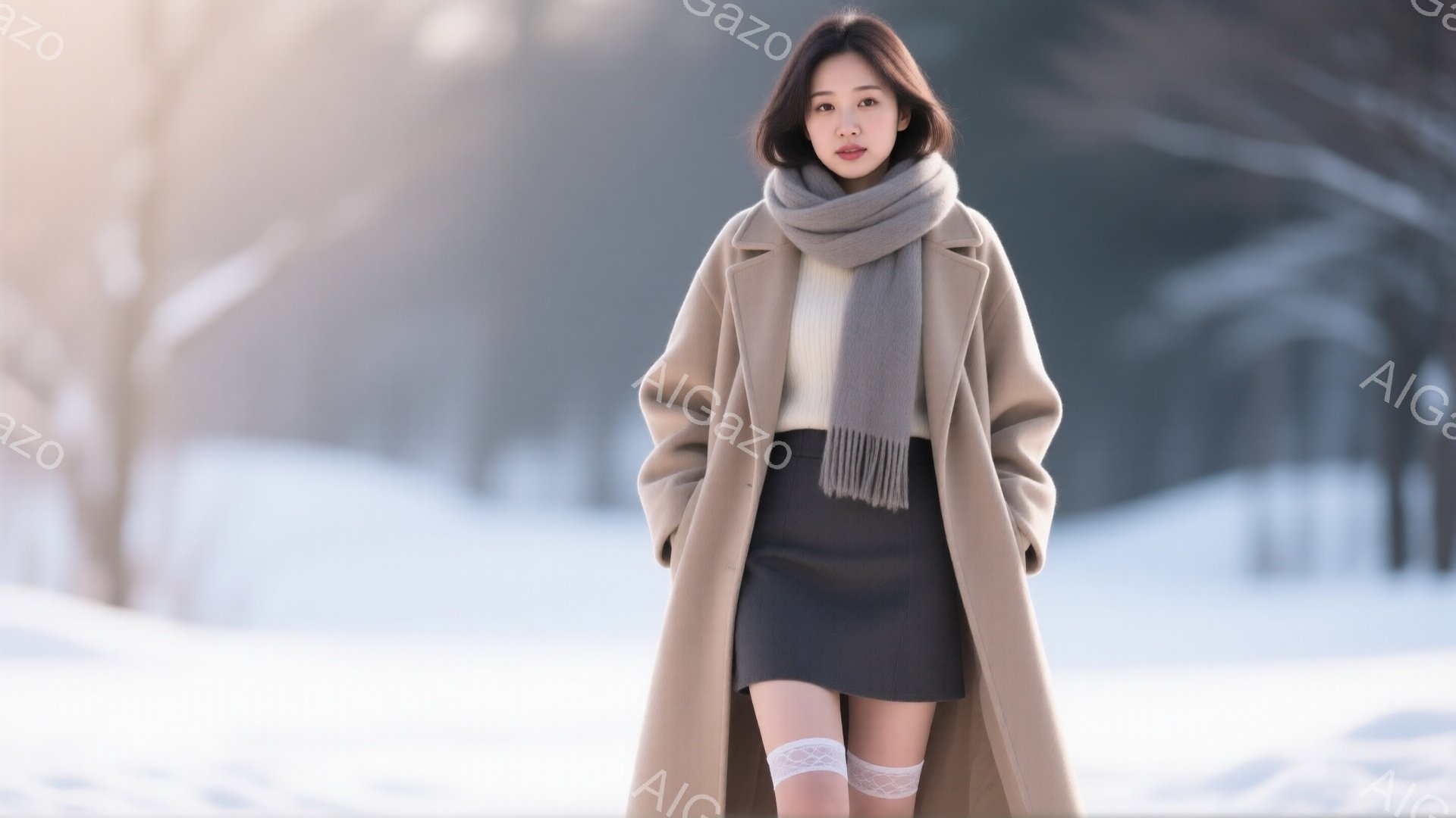 茶髪のショートヘアの女性が、ベージュの長いコートと白いセーター、黒いミニスカート、レースのニーハイソックスを身に着けています。彼女は正面を見据え、わずかに微笑んでいます。背景は雪景色で、遠くには木々が - AI生成フリー素材