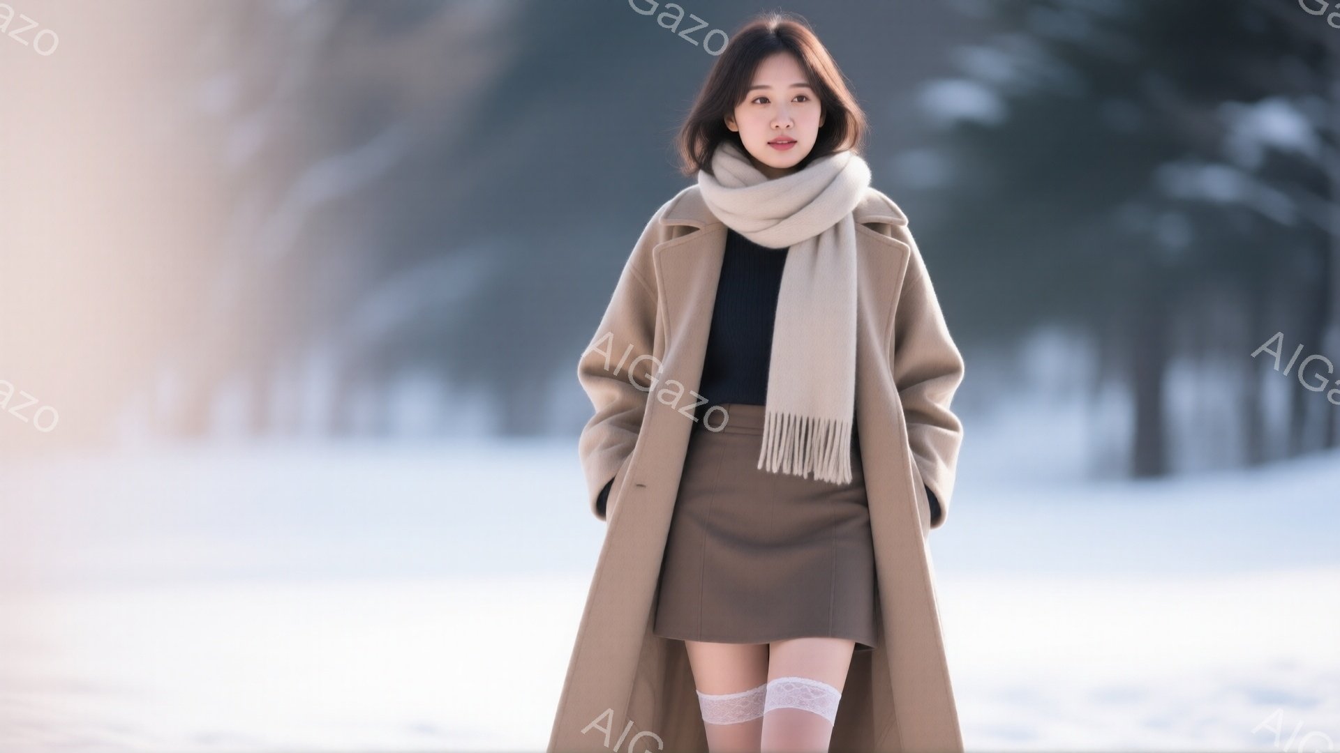 長いベージュ色のコートと膝丈の茶色いスカートを身につけた女性が写っている。彼女は明るい茶色の髪を肩のあたりで切り揃え、顔には穏やかな表情を浮かべている。背景は雪に覆われた風景で、木々がぼんやりと見え、 - AI生成フリー素材