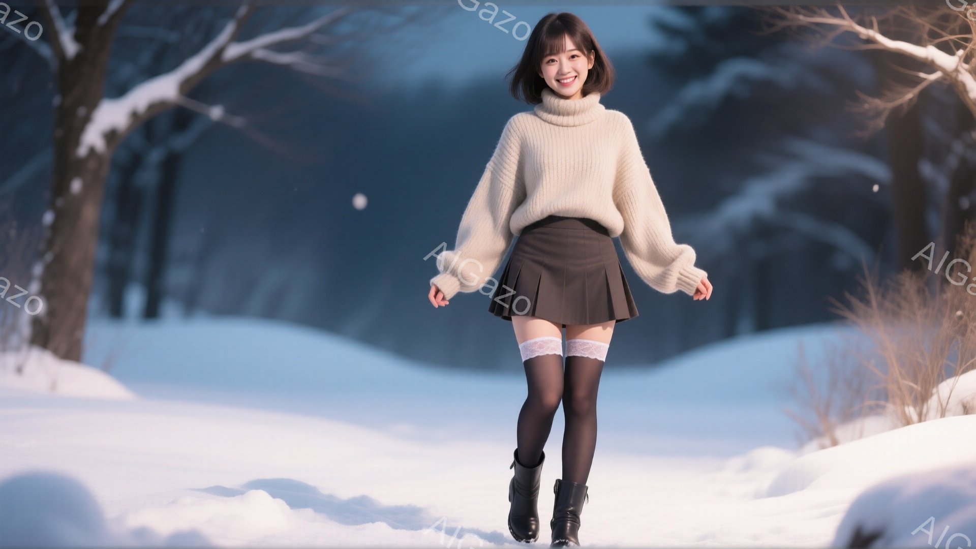 明るい笑顔の若い女性が雪景色の中で立っている。クリーム色のゆったりとしたセーターと黒のプリーツスカート、タイツ、ブーツを身に着けている。背景は雪に覆われた木々や地面で、冬の静かで穏やかな雰囲気が漂って - AI生成フリー素材