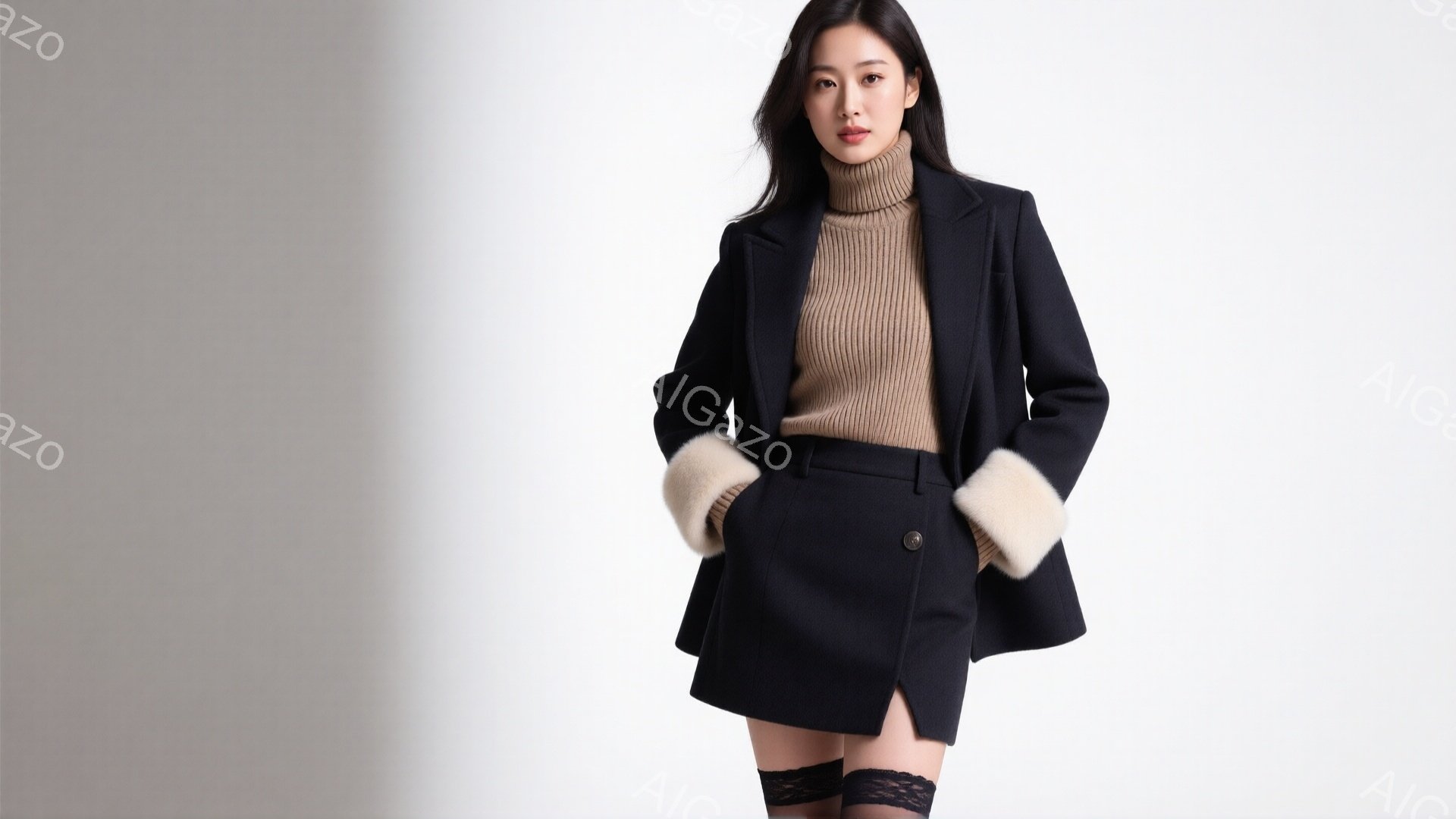 画像は、黒いオーバーコート、ベージュのタートルネックセーター、黒いミニスカートを着用した女性が写っています。彼女はストレートに立ち、少し微笑んでおり、毛皮のような袖口が特徴的なコートと、レースの装飾が - AI生成フリー素材