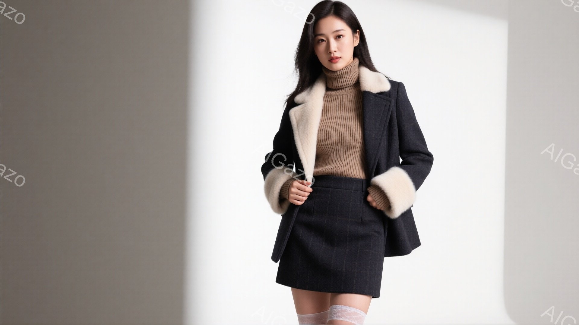 モデルは、ベージュのタートルネックセーターとチェック柄のミニスカート、そして毛皮の襟が付いた黒いコートを着ています。彼女は少し微笑んでおり、リラックスした姿勢で立っています。背景は白く、柔らかい光が彼 - AI生成フリー素材