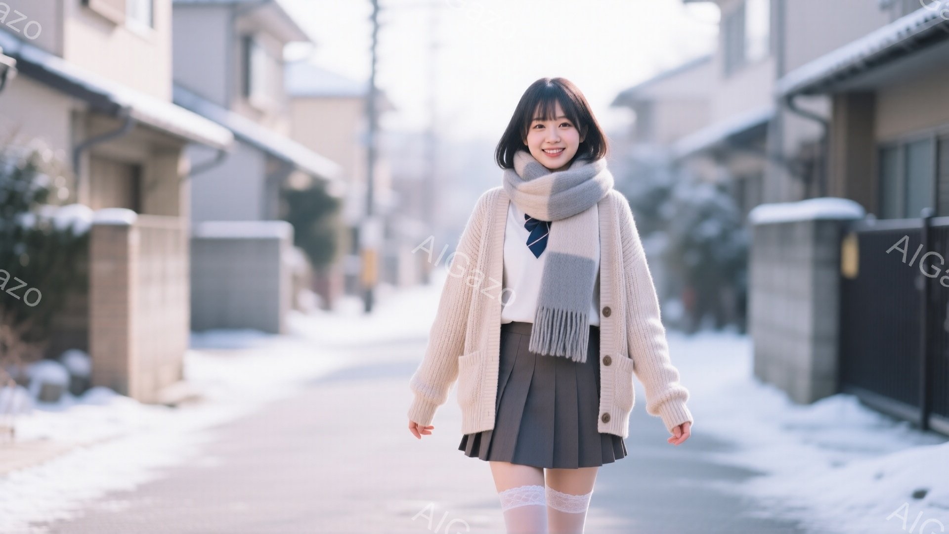 明るい笑顔の少女が、冬の住宅街の道路を歩いている。白いカーディガン、チェック柄のスカート、白いタイツと靴下、そしてグレーのショールを身につけており、学生服のような服装をしている。背景には雪が積もった建物が見え、穏やかで静かな冬の雰囲気が漂っている。