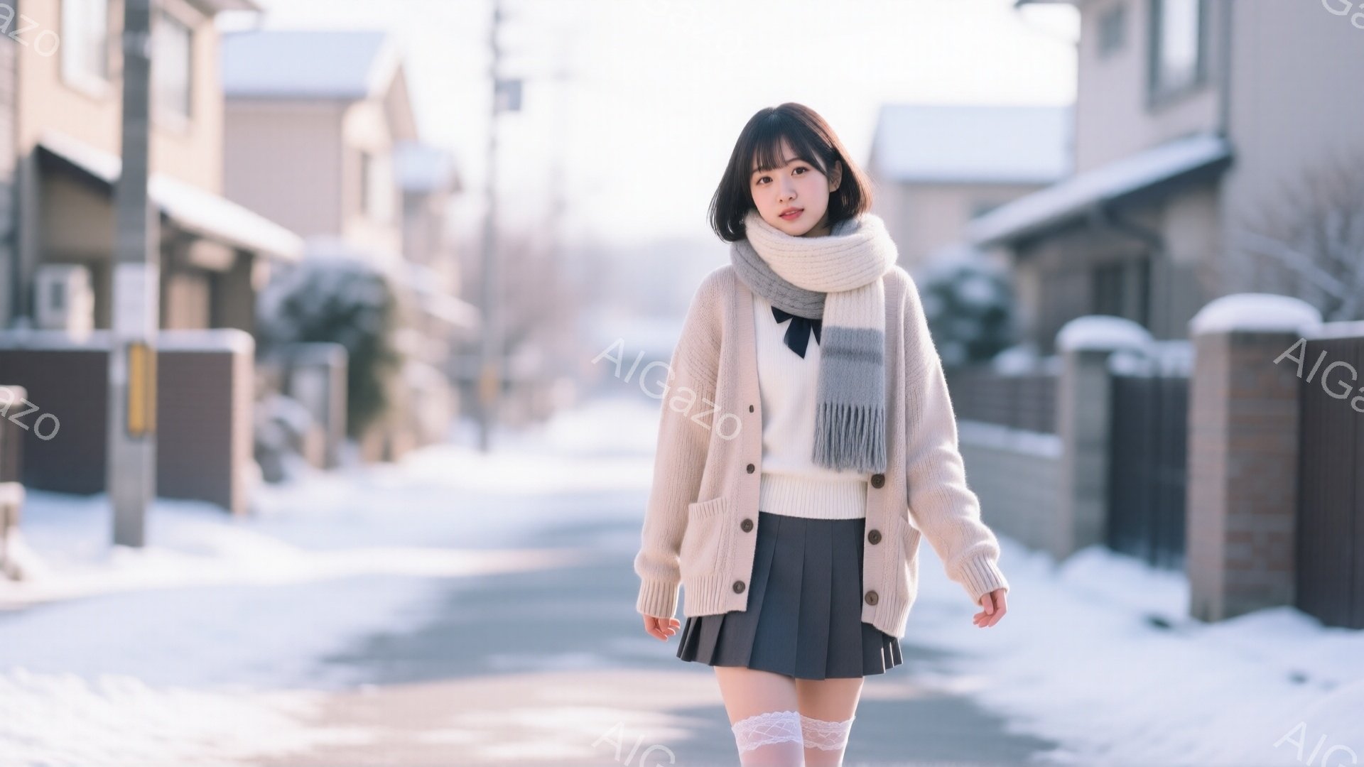 若い女性が冬の住宅街を歩いている。彼女は白いセーターにグレーのカーディガン、チェック柄のリボン、黒いプリーツスカート、白い膝下ソックスを履いている。背景には雪で覆われた家々が並び、全体的に穏やかで冬らしい雰囲気が漂っている。