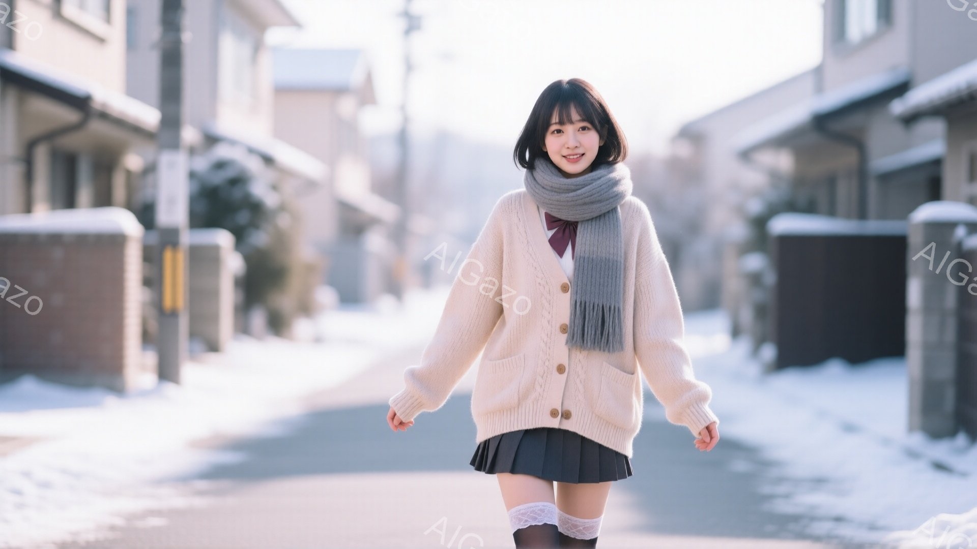 雪が積もった住宅街を、制服姿の女性が歩いている。オフホワイトのカーディガン、グレーのスカート、白いニーハイソックスを着用し、笑顔でカメラを見ている。背景には雪で覆われた家々が並び、冬の穏やかな雰囲気が漂っている。