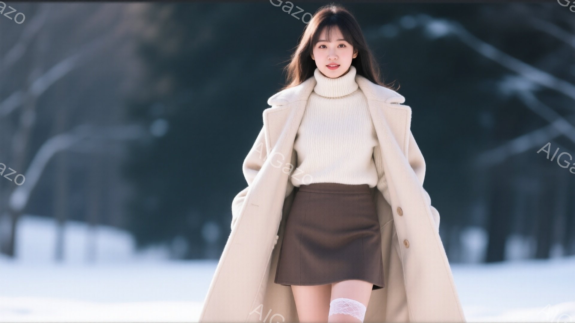 長い黒髪をセンターパートにした女性が、クリーム色のオーバーサイズセーターと茶色のミニスカート、白いニーハイソックスを身に着けて立っています。彼女は穏やかな微笑みを浮かべ、やや上目線でカメラを見ています - AI生成フリー素材