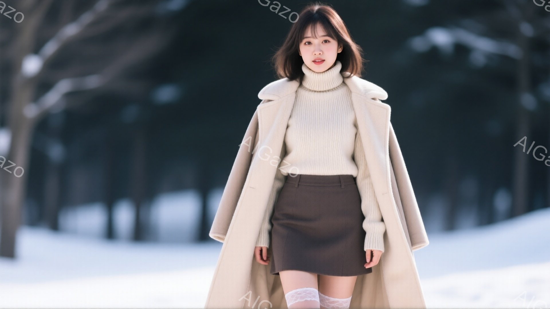 明るい茶髪のショートボブヘアの女性が、ベージュのコート、クリーム色のタートルネックニット、ダークブラウンのミニスカート、白いレースのソックスを着用しています。彼女は正面を見据え、わずかに微笑んでおり、 - AI生成フリー素材