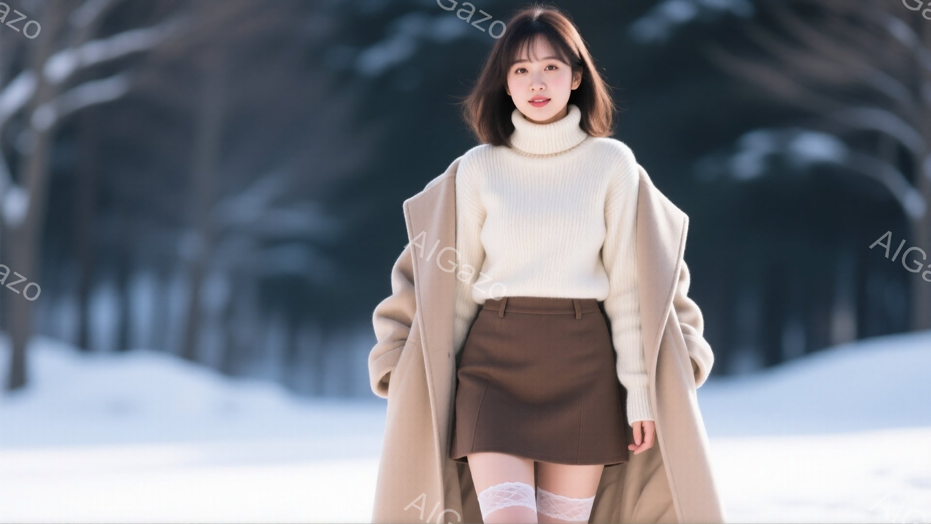 明るい茶色のコートを着た若い女性が写っている。彼女は白いタートルネックセーターと茶色のミニスカートを着用しており、白のレースソックスが覗いている。背景は雪景色で、木々が並んでいる冬の公園のようだ。