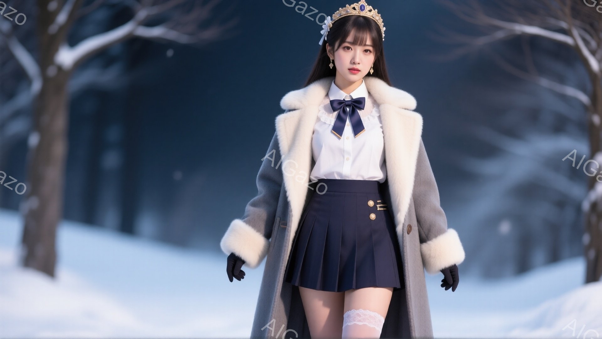 画像は、雪景色の中を歩く若い女性を捉えています。彼女は白いブラウスにネイビーのスカート、そしてふわふわの襟と袖を持つグレーのコートを着用し、頭にはティアラをつけています。表情は少し微笑んでおり、冬の寒さの中で凛とした美しさを感じさせます。