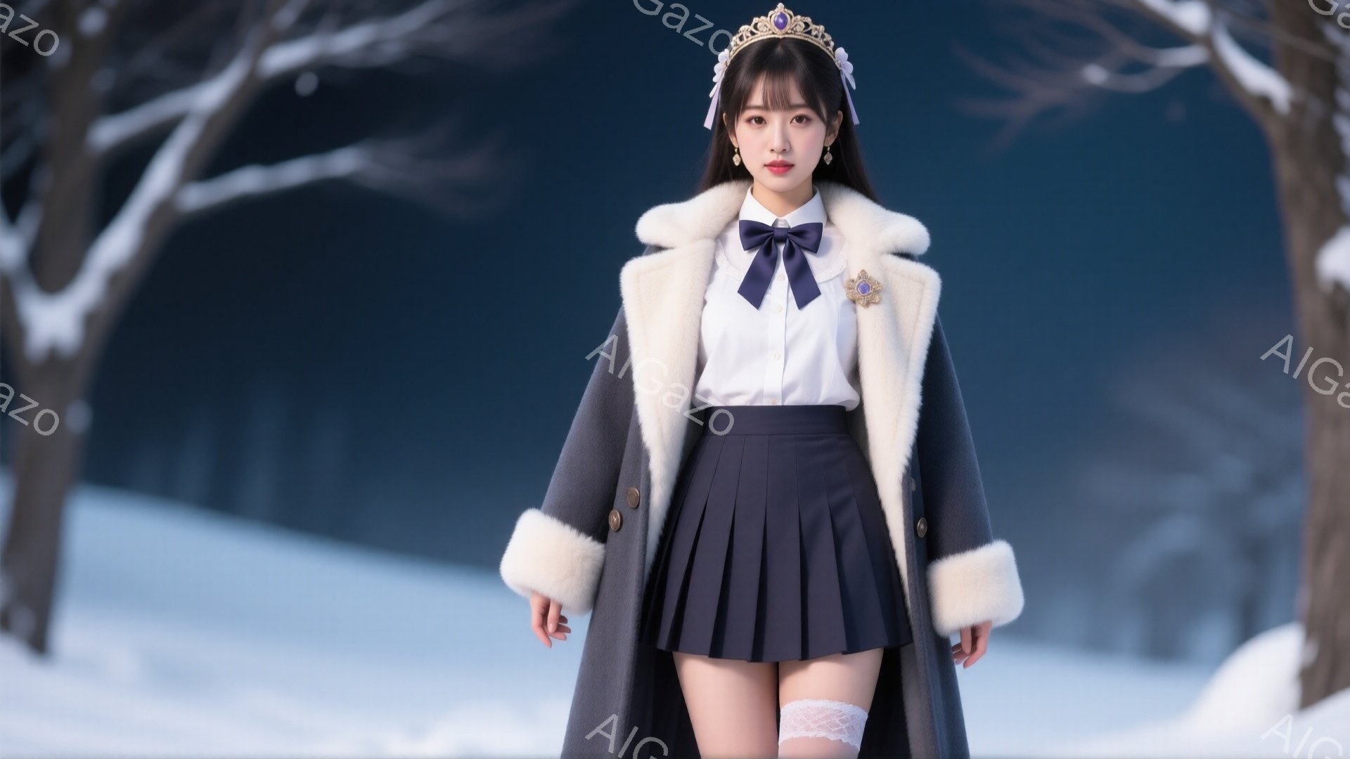 少女は冬の雪景色の中で、紺色のプリーツスカートと白いシャツ、そしてファー付きのグレーのコートを着ています。彼女は紫色のリボンと黒い髪飾りをつけており、少し微笑んだ表情で正面を見つめています。背景には雪に覆われた木々と白い風景が広がり、全体的に冷たく、しかしどこか幻想的な雰囲気が漂っています。