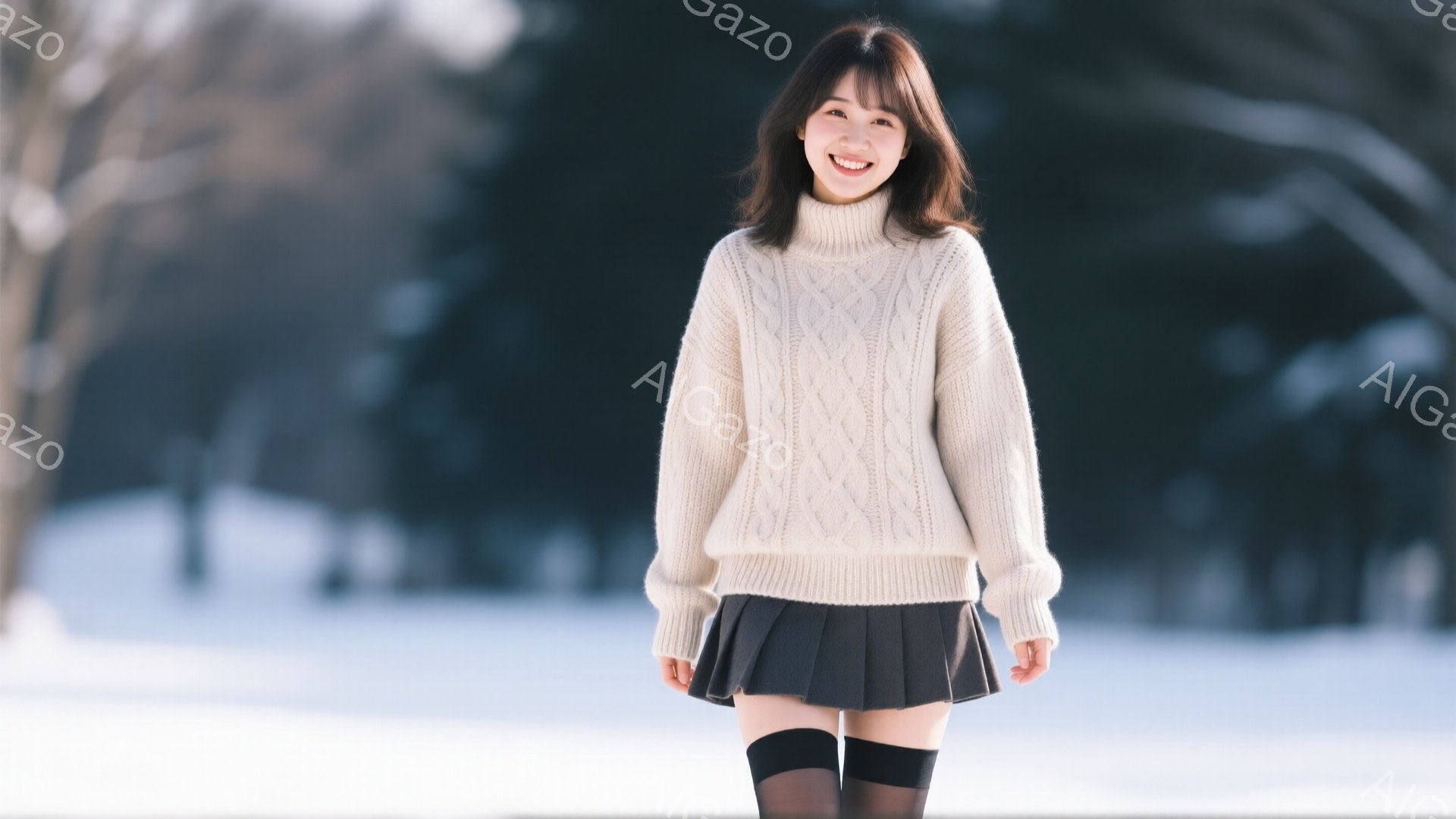 長い茶色の髪を肩のあたりで切りそろえた女性が、クリーム色のケーブルニットセーターと黒のプリーツスカート、黒のタイツを身につけて立っている。彼女は微笑んでおり、背景には雪景色が広がり、木々がぼんやりと見える。全体的に、穏やかで冬らしい雰囲気が漂っている。