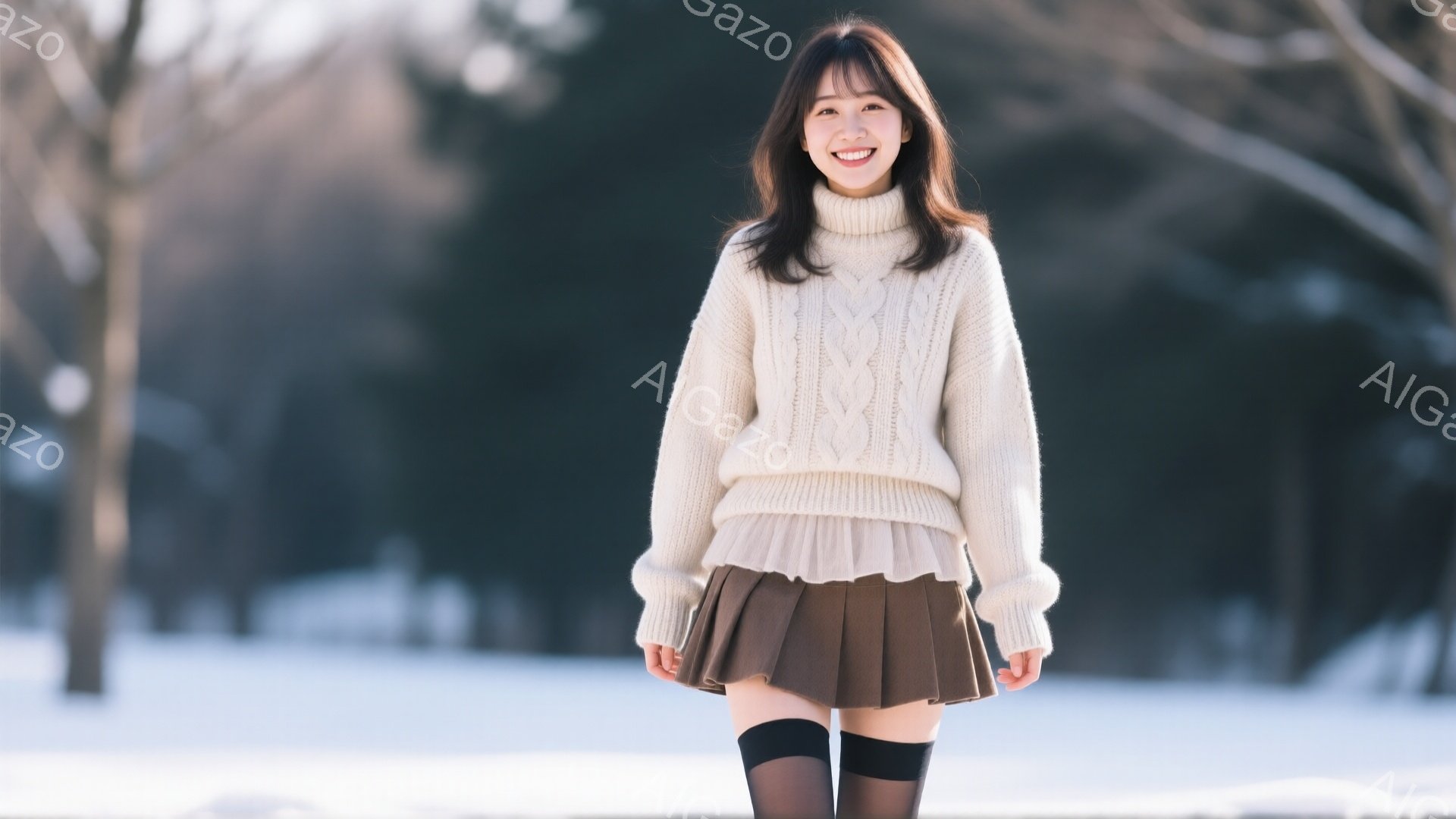 長い茶色の髪を肩まで伸ばした若い女性が、オフホワイトのケーブルニットセーターと、茶色のプリーツミニスカートを身につけて立っています。彼女は微笑んでおり、姿勢はリラックスしています。背景は雪景色で、木々 - AI生成フリー素材