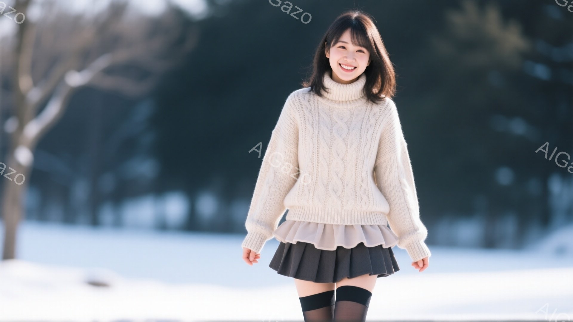 明るい笑顔の女性が、オフホワイトのケーブルニットセーターと黒のフレアスカート、そして黒のタイツを着用して立っています。彼女は肩までの長さの茶色の髪を持ち、顔色は明るく、リラックスした雰囲気です。背景は - AI生成フリー素材