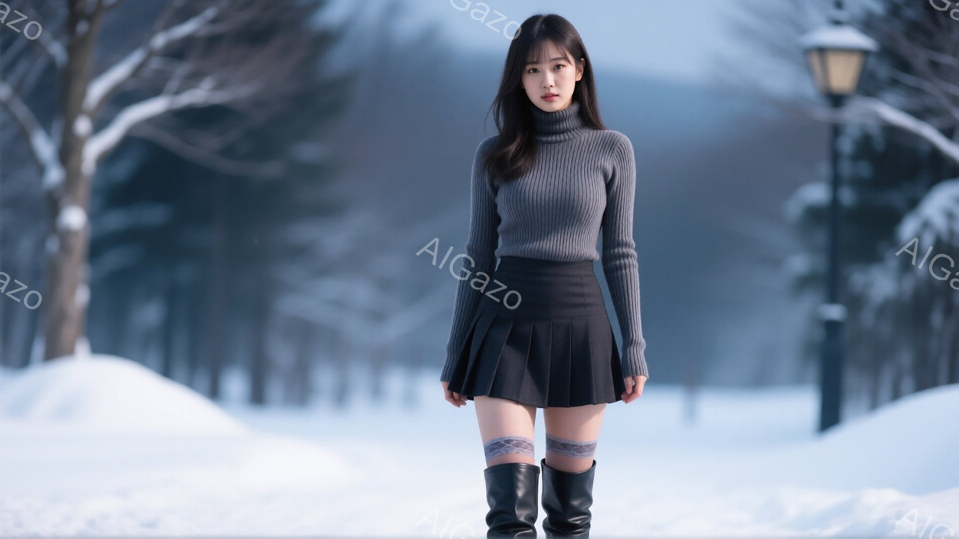 長い黒髪の女性が、灰色のタートルネックセーターと黒のプリーツスカート、黒のブーツを着用し、雪景色の中を歩いています。彼女はやや前かがみの姿勢で、穏やかな表情をしています。背景には木々と街灯があり、全体的に冬の静かで冷たい雰囲気を醸し出しています。