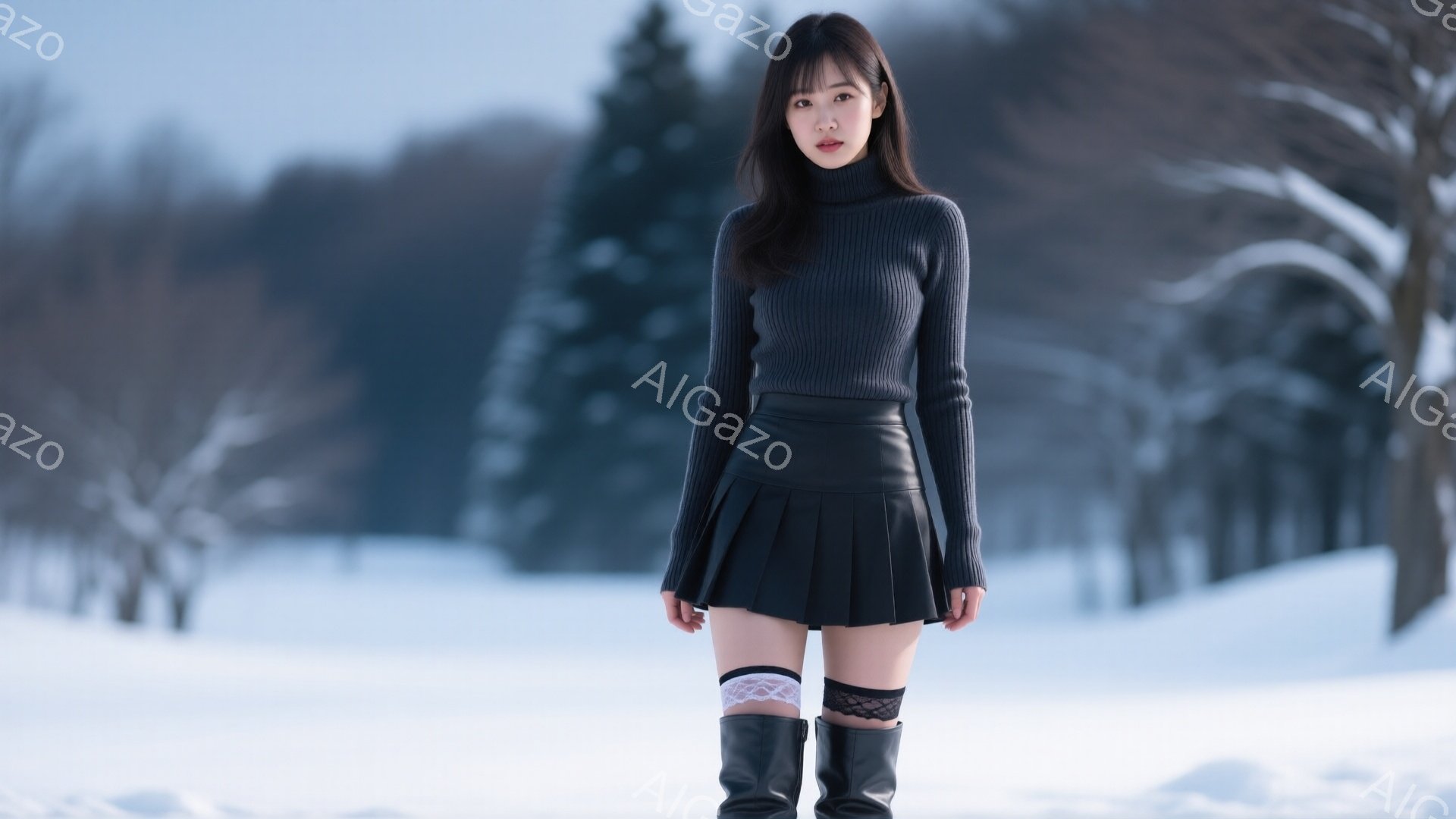 長い黒髪の女性が雪景色の中で立っています。黒のタートルネックセーターとプリーツスカート、膝丈の黒いブーツを履き、白いレースのソックスが覗いています。背景は雪に覆われた木々と穏やかな冬の風景で、全体的に - AI生成フリー素材