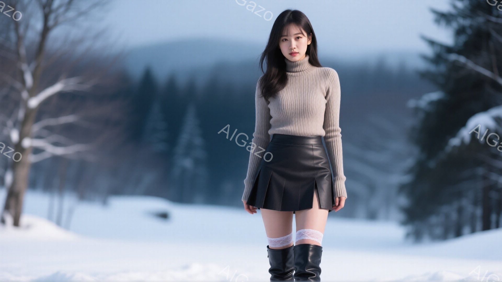 長い黒髪の女性が、ベージュのタートルネックセーターと黒のミニスカート、黒のブーツを着用し、雪景色の中に立っている。表情は穏やかで、やや自信に満ちた様子がうかがえる。背景にはうっすらと雪に覆われた木々と - AI生成フリー素材
