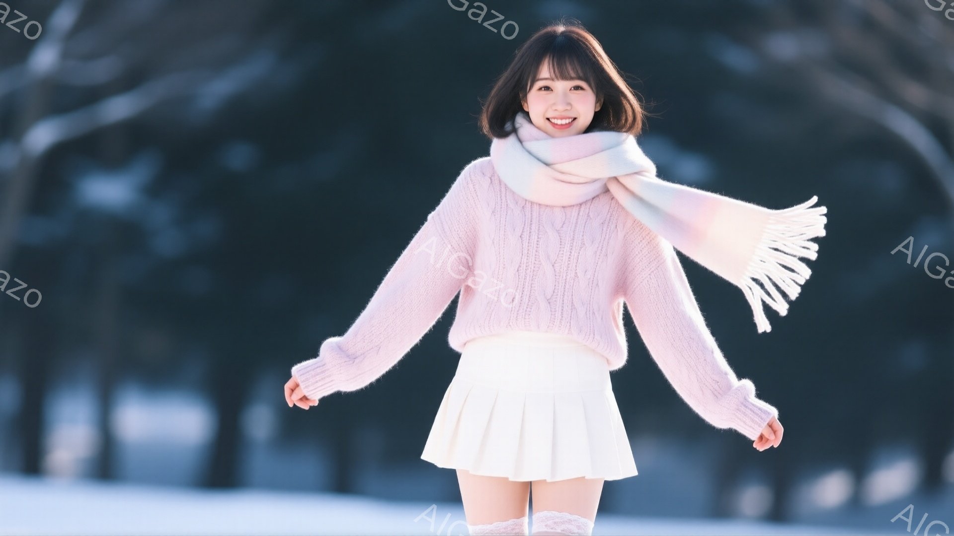 明るい笑顔の若い女性が、ピンク色のざっくりとしたニットセーターと白いプリーツスカートを着て雪の中に立っています。彼女は首に淡いピンクと白のストールを巻き、両手を広げてリラックスしたポーズをとっています - AI生成フリー素材
