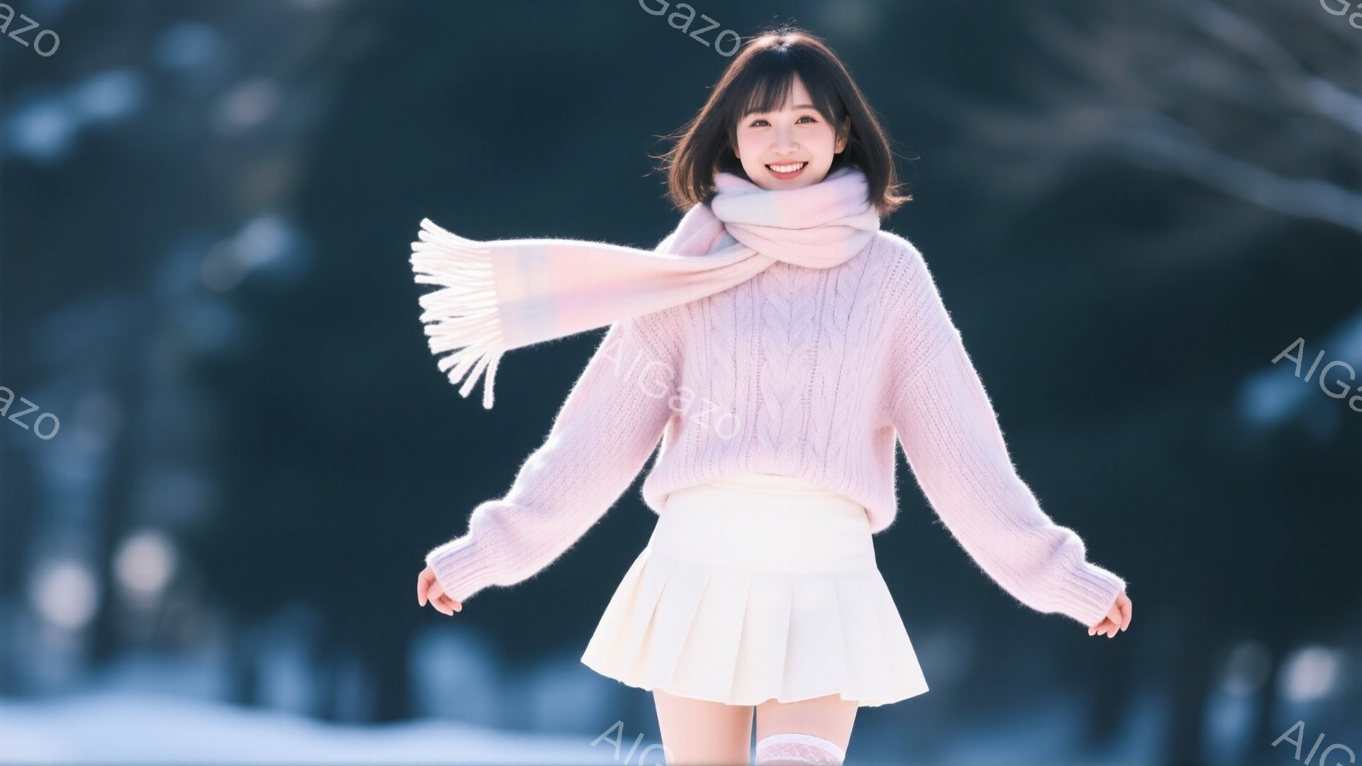 明るい笑顔の若い女性が写っています。彼女はピンク色のケーブルニットセーターと白いプリーツスカート、そして同色のマフラーを身に着けており、冬の屋外で両手を広げて立っています。背景はぼやけた雪景色で、全体 - AI生成フリー素材