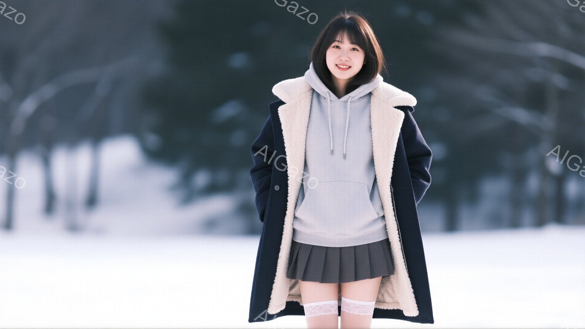 若い女性が雪景色の中で立っている。灰色のパーカーと短いプリーツスカート、そして白いレースのニーハイソックスを履き、黒いボアカラーのコートを着ている。彼女は微笑んでおり、背景はぼやけた雪景色で、冬の穏や - AI生成フリー素材