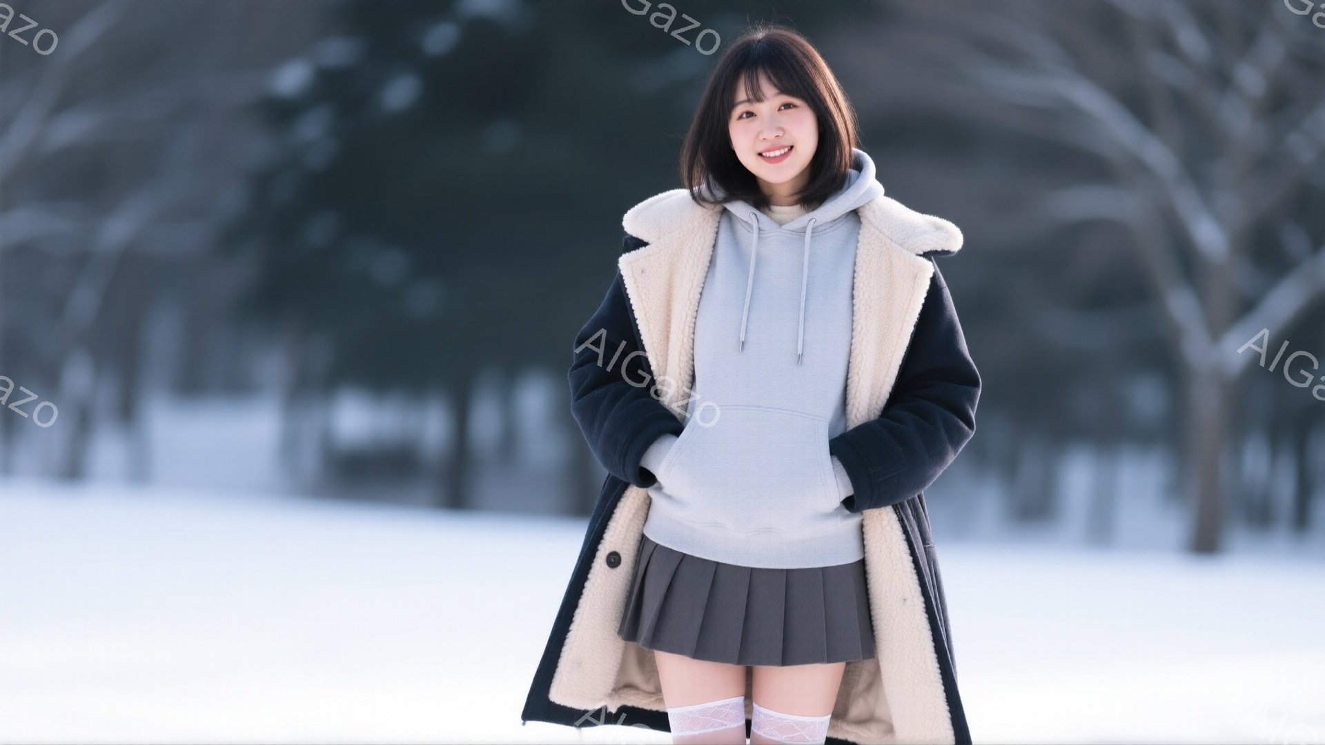 少女は、グレーのパーカーと黒と白のボアコートを羽織り、プリーツスカートと白いニーハイソックスを履いています。彼女は両手をポケットに入れ、穏やかな笑顔を浮かべてカメラの方を見ています。背景は雪景色で、木々が並び、冬の静かで穏やかな雰囲気が漂っています。