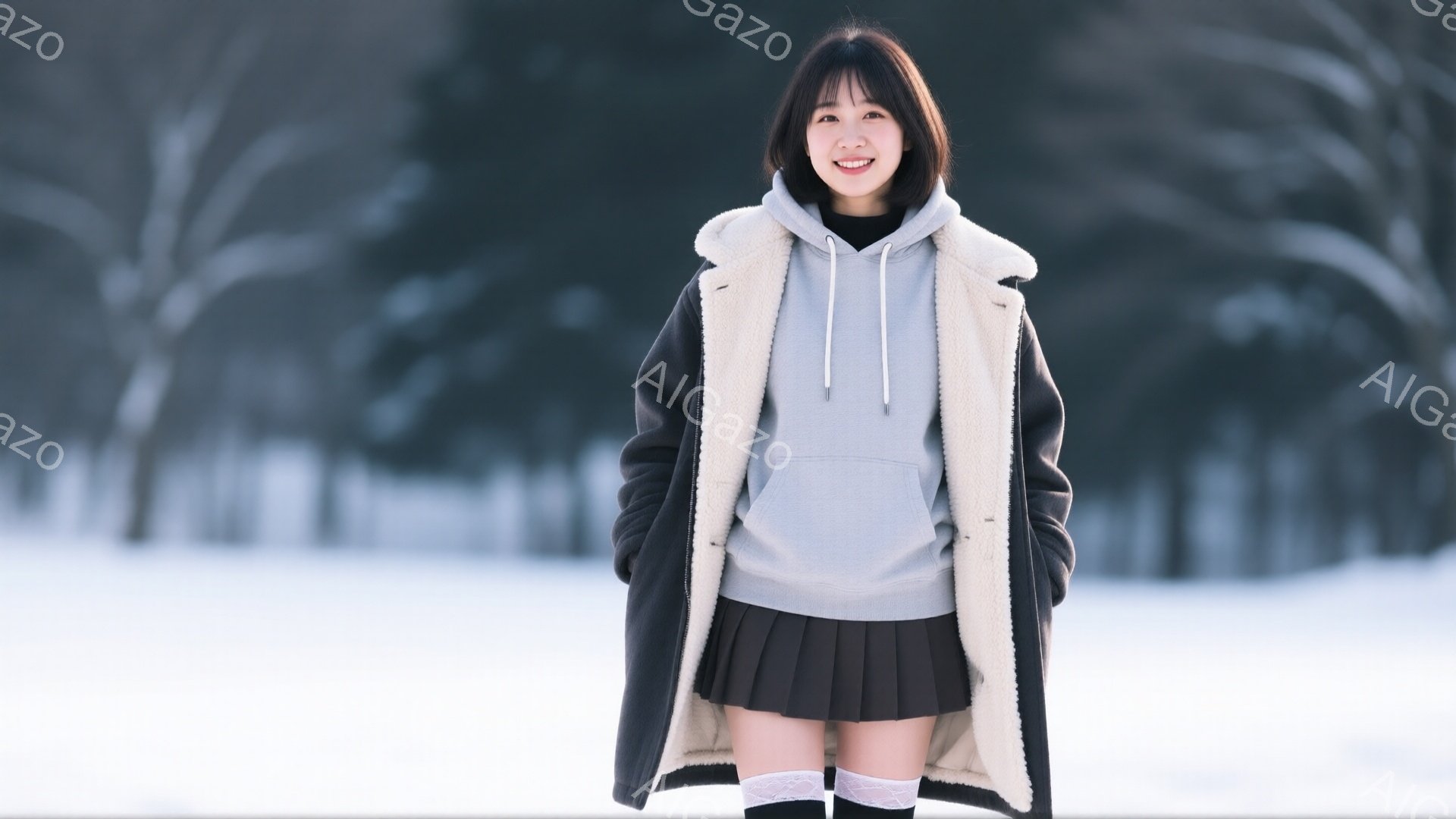 若い女性が雪景色の中で立っている。グレーのパーカーと黒のプリーツスカート、白いニーハイソックスを着用し、笑顔を見せている。背景にはぼやけた木々と雪に覆われた地面が広がり、冬の穏やかな雰囲気を醸し出している。