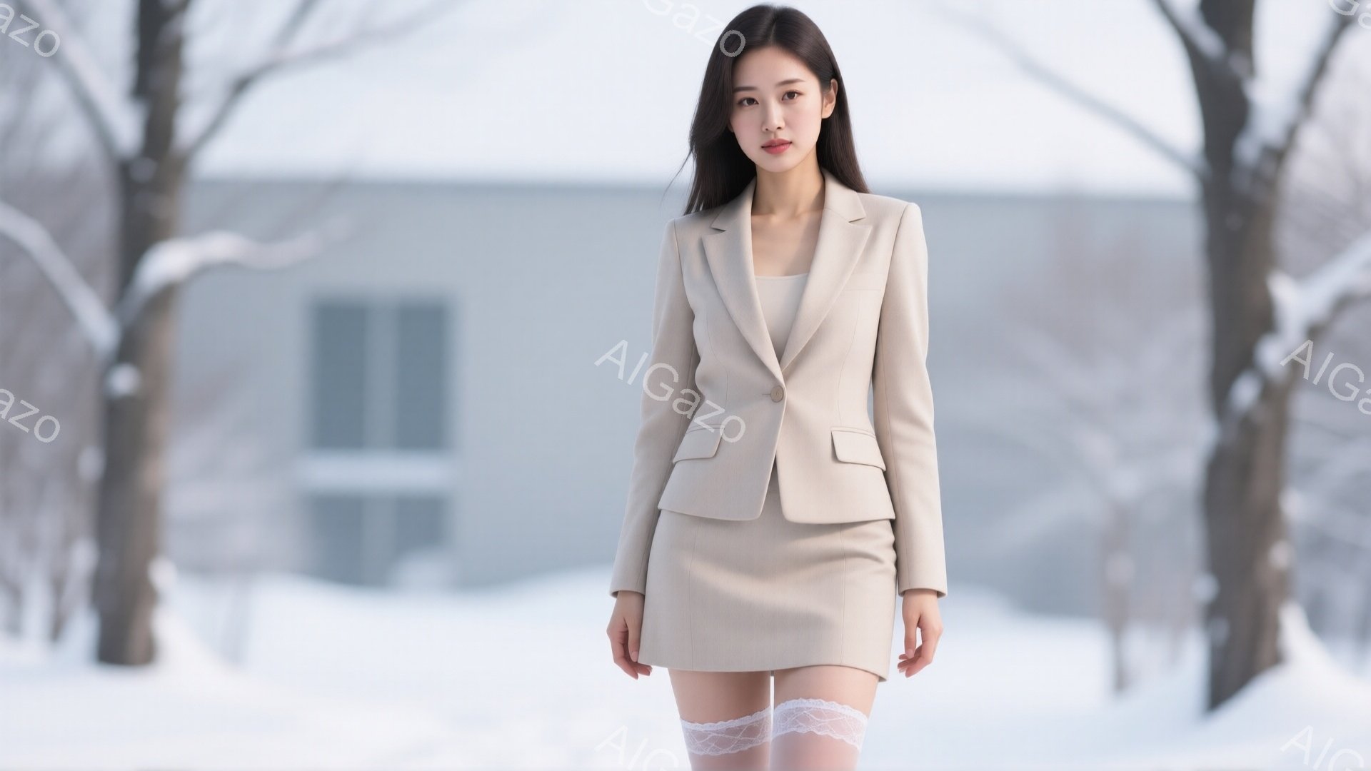 明るいベージュ色のスーツを着た若い女性が立っている。彼女はストレートの黒髪で、少し微笑んでいる表情をしている。背景は雪景色で、建物や裸の木の枝が見え、冬の静かな雰囲気が漂っている。