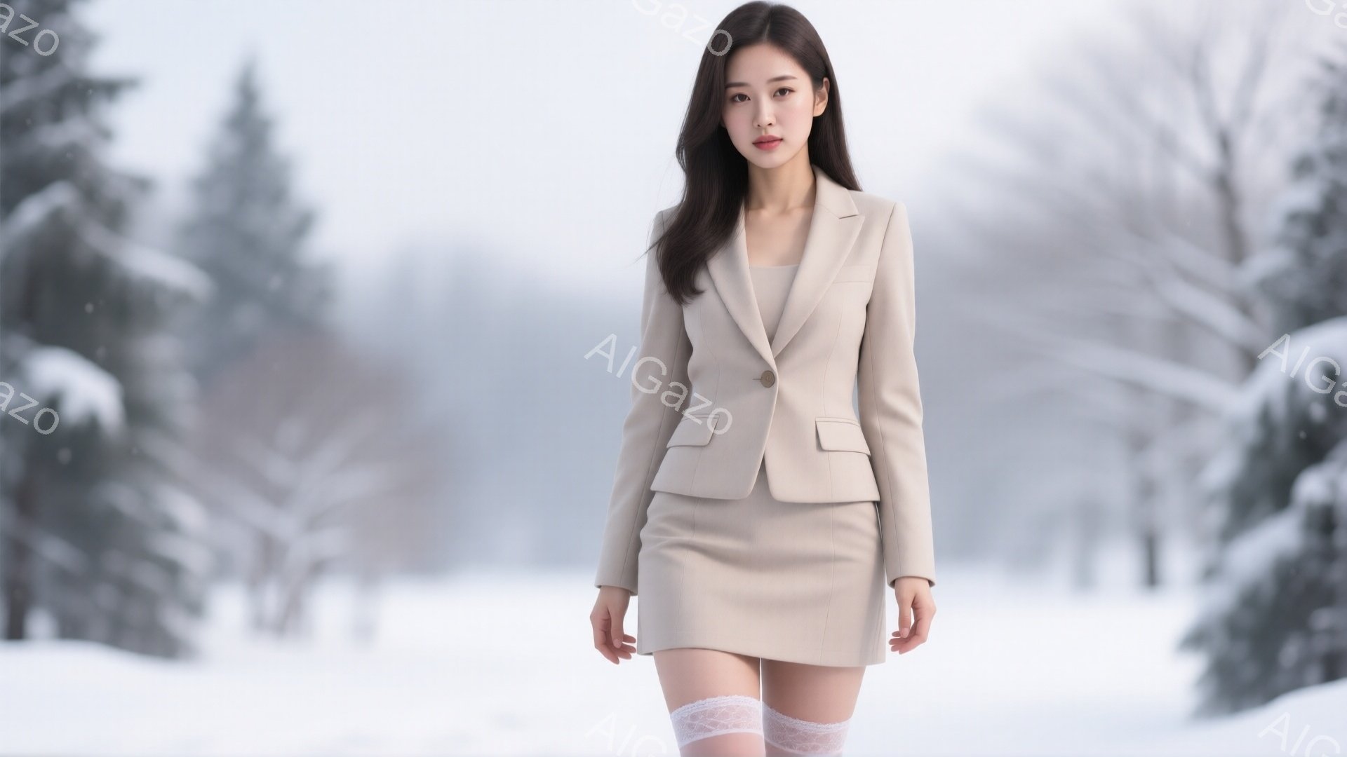 明るいベージュ色のスーツを着た若い女性が立っています。彼女はストレートのダークブラウンの髪で、穏やかな表情を浮かべています。背景は雪景色で、ぼやけた木々が並び、全体的に静かで冬らしい雰囲気が漂っていま - AI生成フリー素材