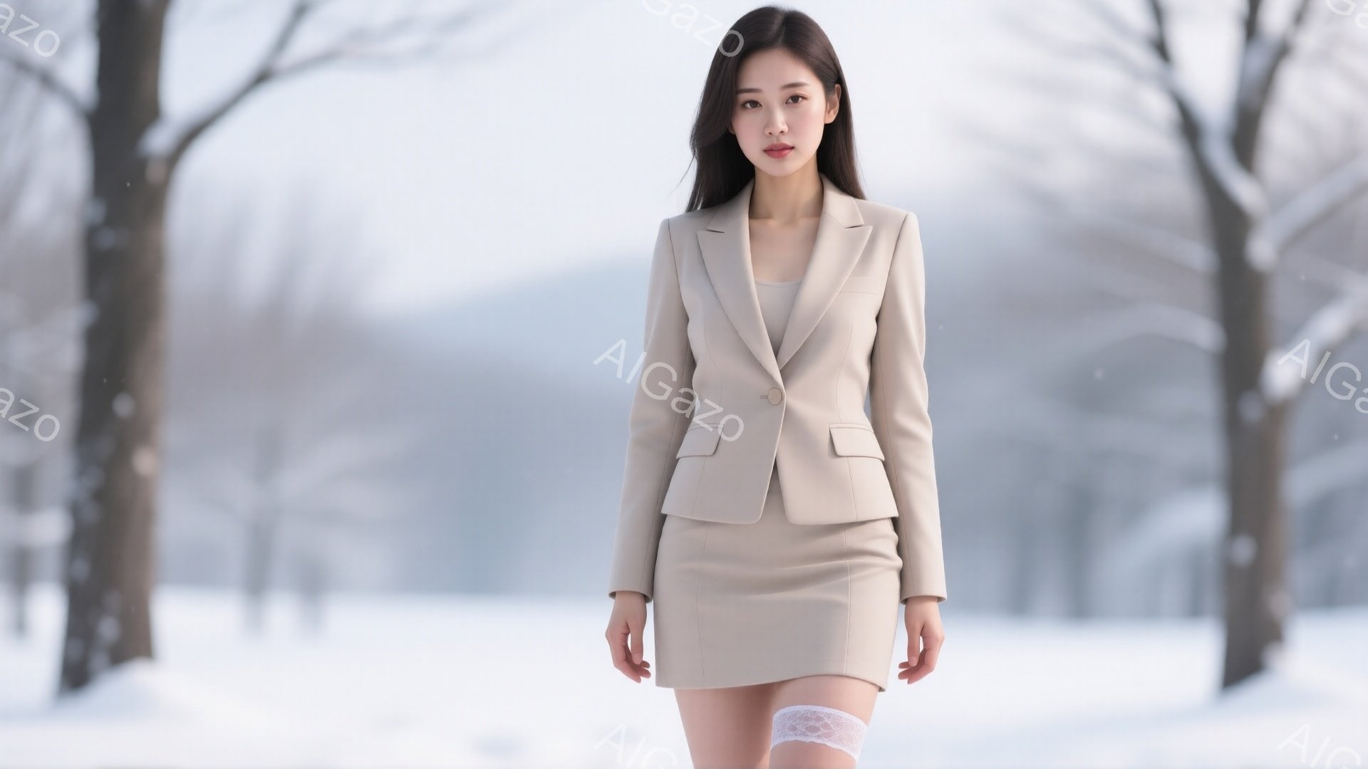 浅いベージュ色のスーツを着た女性が、雪景色の中を正面を見て歩いている。彼女はストレートの黒髪で、表情は穏やかで少し微笑んでいるように見える。背景には裸の木々が立ち並び、雪が舞い散る冬の公園のような雰囲気である。