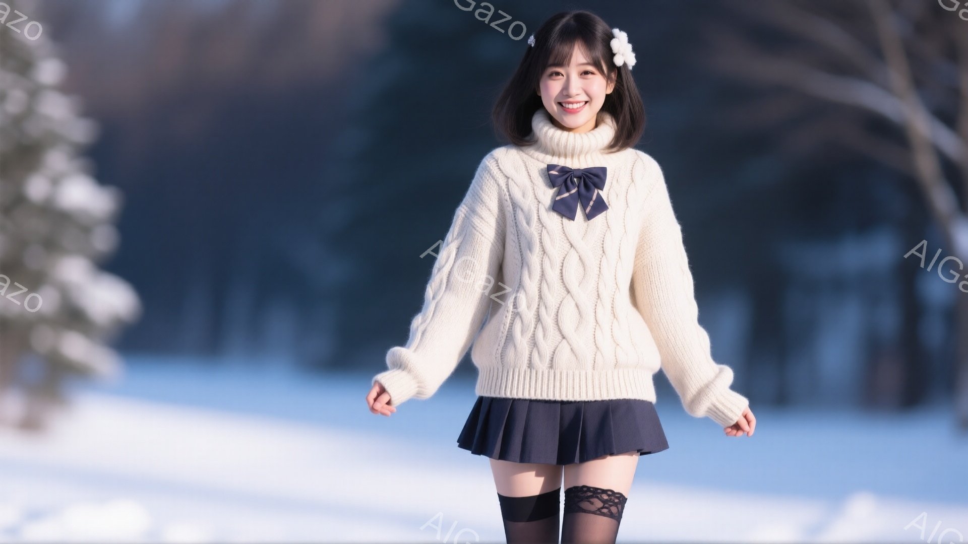 画像は、雪景色の中を歩く若い女性を描いています。オフホワイトのケーブルニットセーターに、濃い青色のプリーツスカート、黒のタイツ、そして靴を履いており、髪は肩までの長さで、額には白い花飾りをつけています。彼女は微笑んでいて、前向きな姿勢で歩いており、背景にはぼやけた木々と雪原が広がっています。