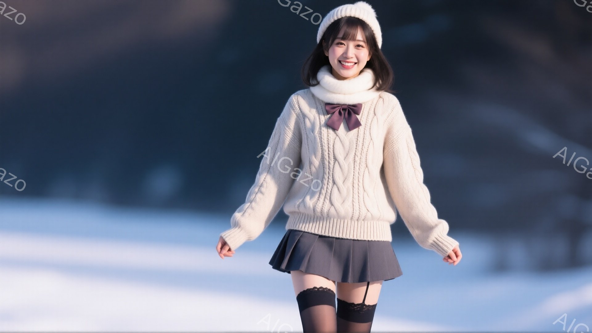 白いニット帽を被り、オフホワイトのケーブルニットセーターとグレーのプリーツスカートを着用した若い女性が写っています。彼女は笑顔でカメラを見つめ、片手を少し上げて歩いているようなポーズをとっています。背景は雪景色で、ぼやけた木々と山々が広がり、全体的に冬の穏やかで暖かい雰囲気が漂っています。