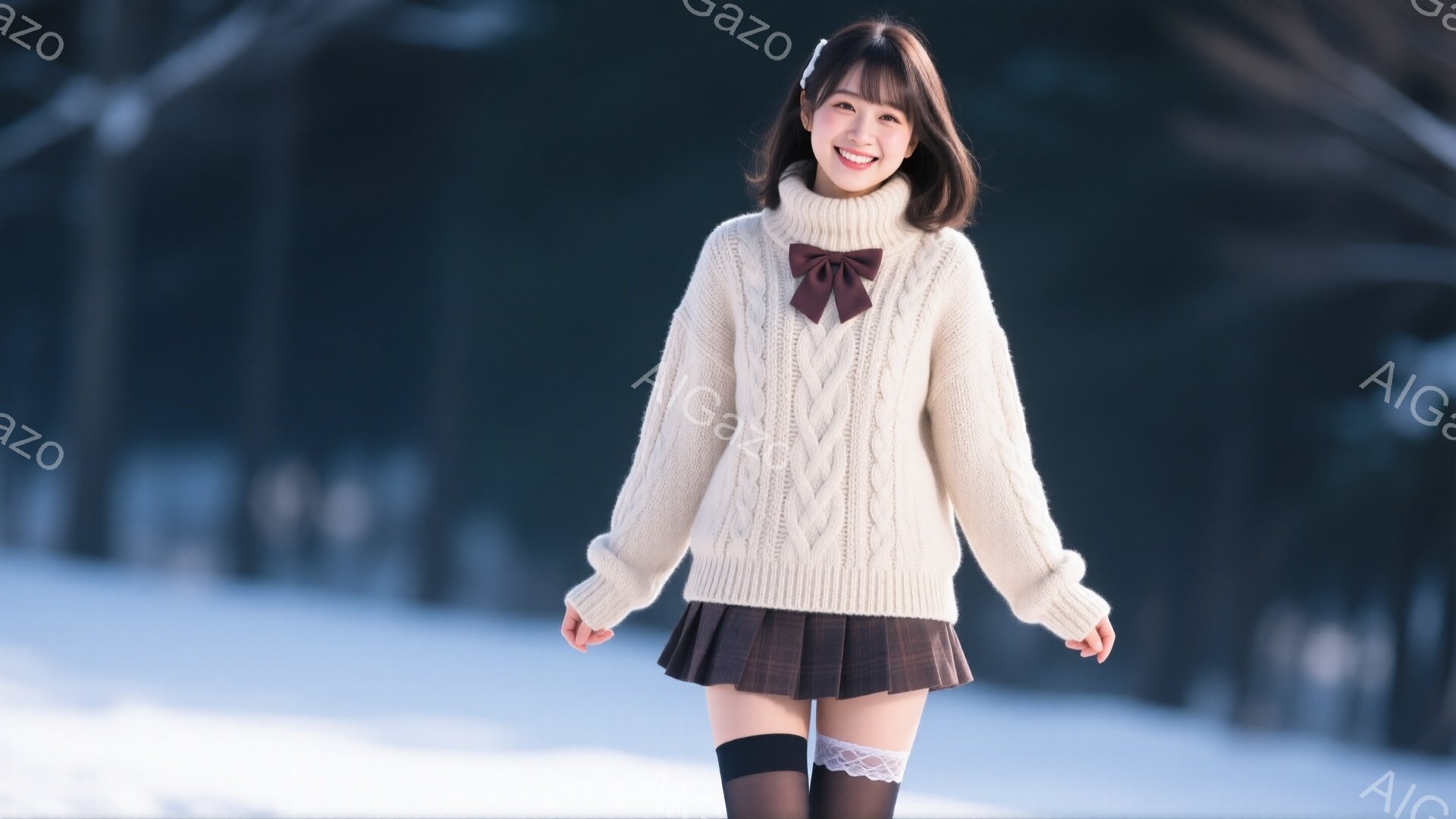 明るい笑顔の女性が、オフホワイトのケーブルニットセーターとチェック柄のプリーツスカート、黒色のタイツ、そして茶色のリボン付きの襟が特徴的な衣装を着ています。彼女は少し前かがみになり、両手を軽く広げて冬 - AI生成フリー素材